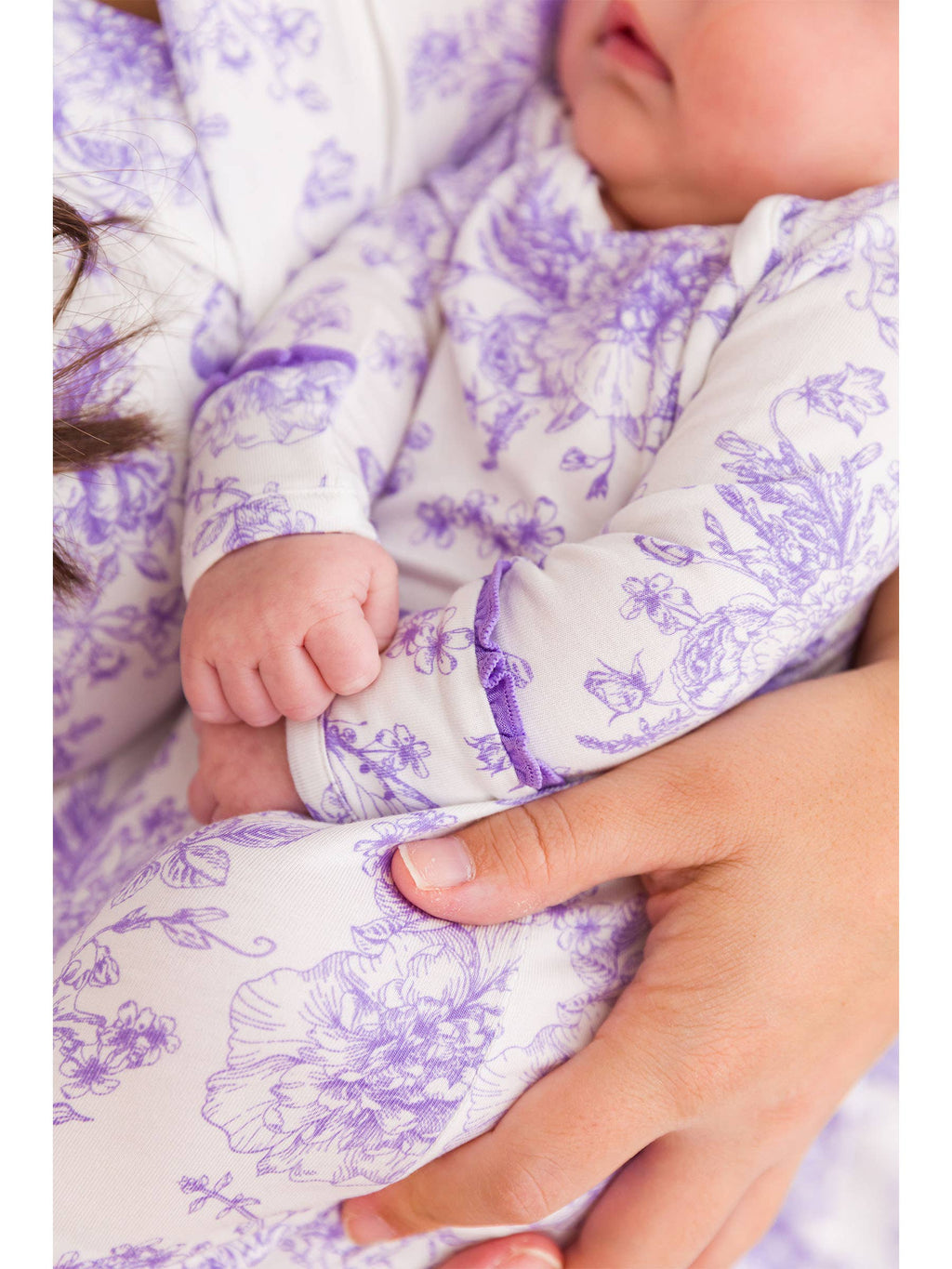 SoftSnooze™ Baby Girls Bamboo Viscose Wisteria Purple Butterfly Garden Toile Ruffle Knotted Sleep Gown & Bow Hat Set