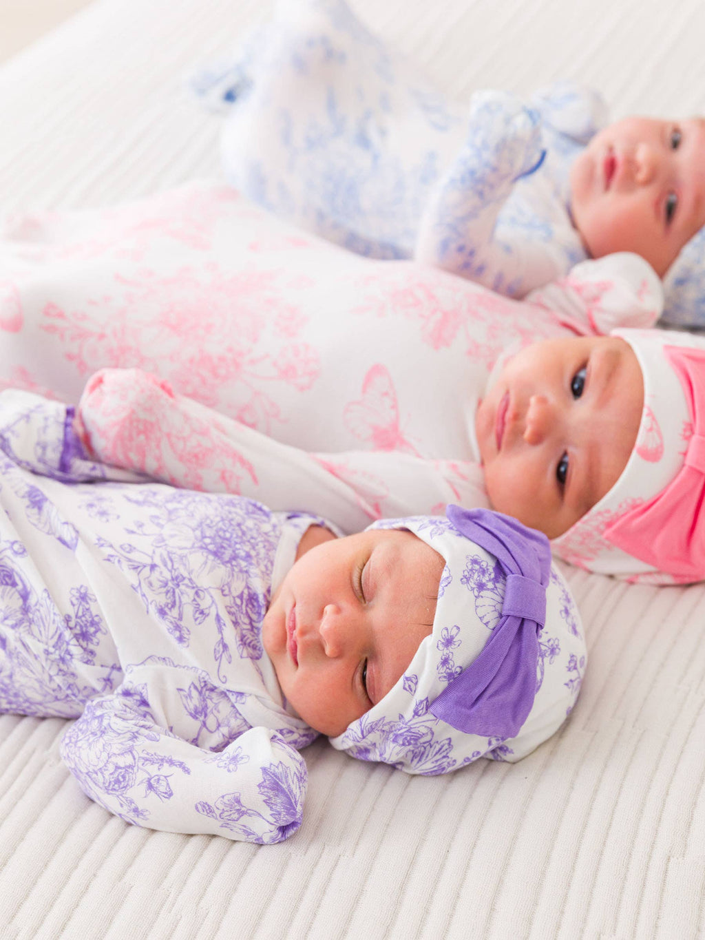 SoftSnooze™ Baby Girls Bamboo Viscose Wisteria Purple Butterfly Garden Toile Ruffle Knotted Sleep Gown & Bow Hat Set
