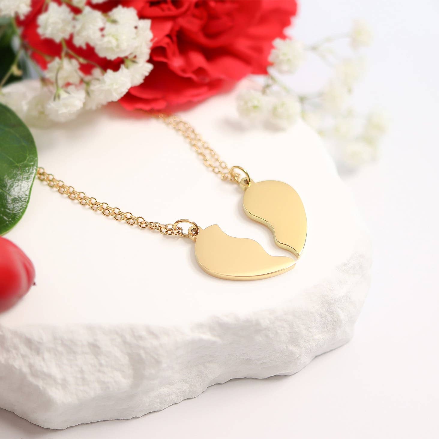 Engravable Break Apart Heart Necklace Set