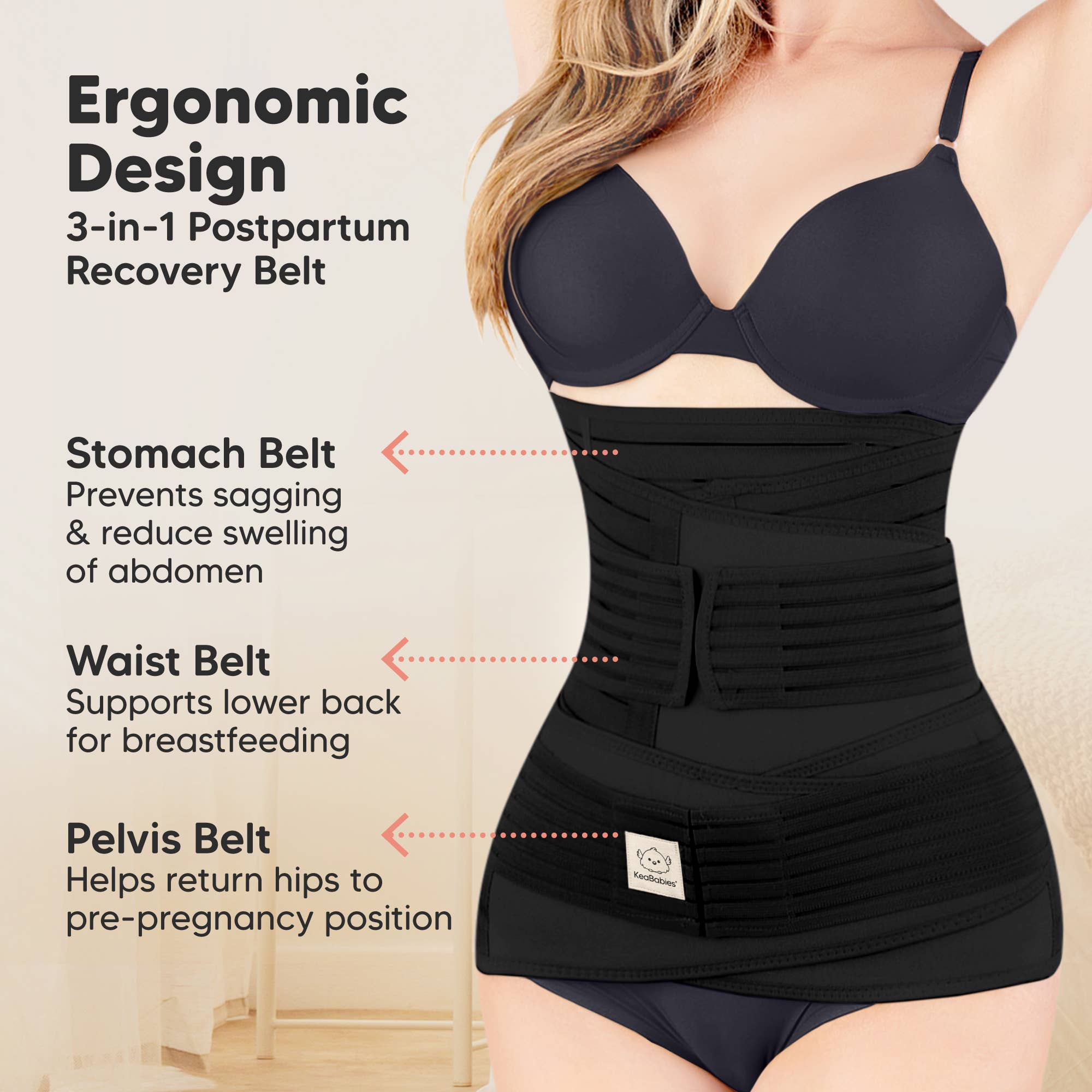 KeaBabies Revive 3 in 1 Postpartum Belt (Midnight Black,2XL)