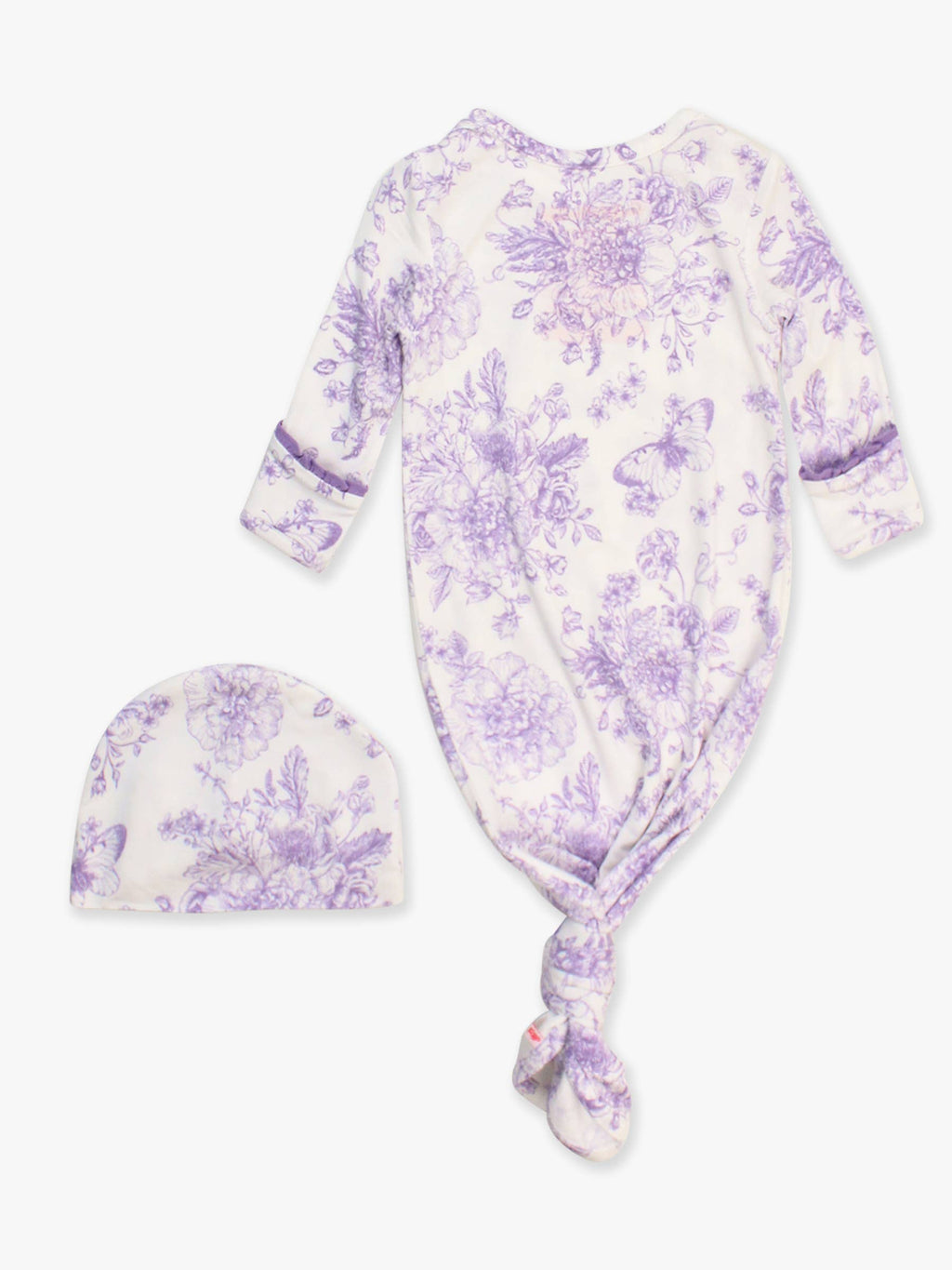 SoftSnooze™ Baby Girls Bamboo Viscose Wisteria Purple Butterfly Garden Toile Ruffle Knotted Sleep Gown & Bow Hat Set