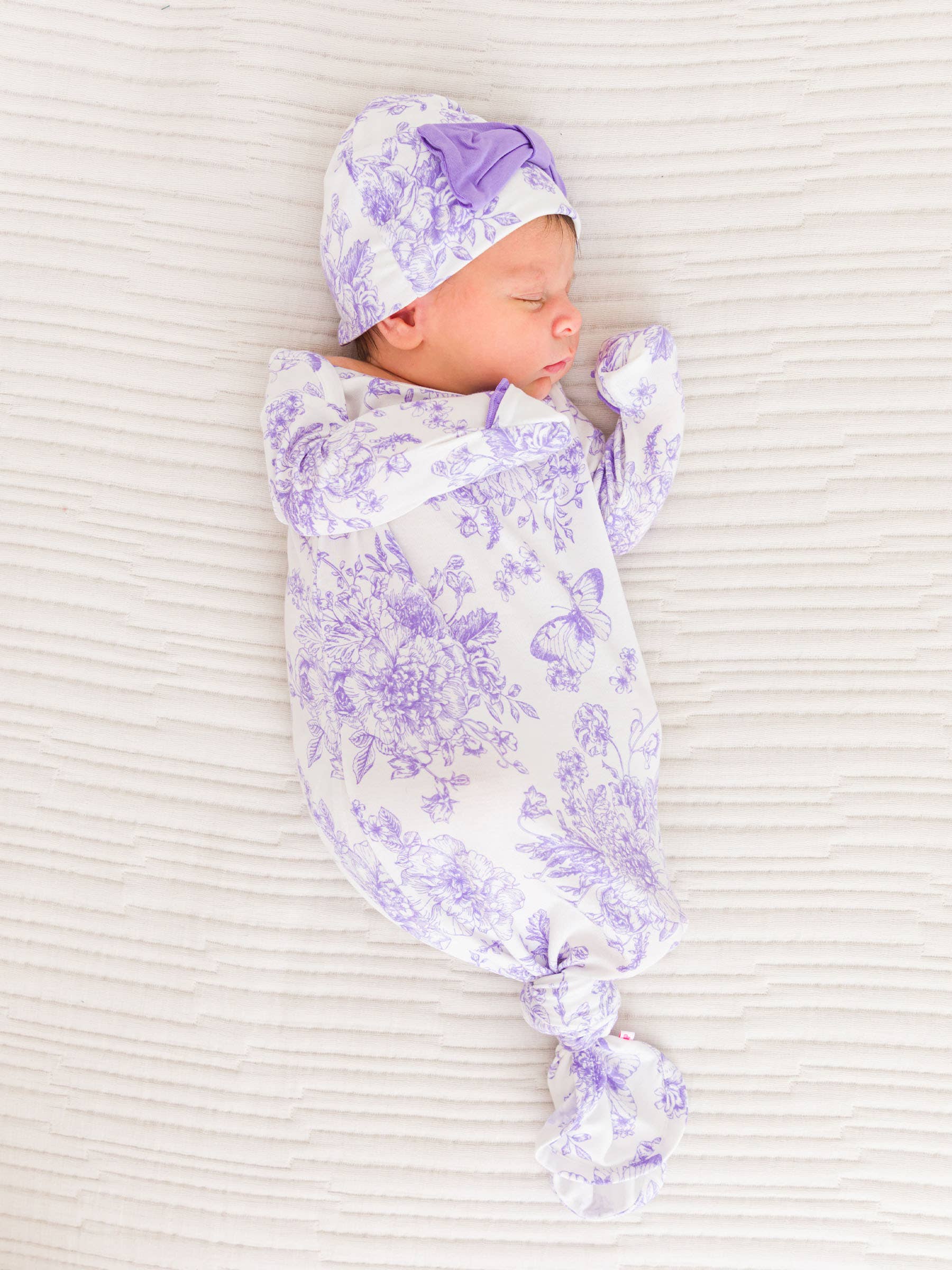 SoftSnooze™ Baby Girls Bamboo Viscose Wisteria Purple Butterfly Garden Toile Ruffle Knotted Sleep Gown & Bow Hat Set