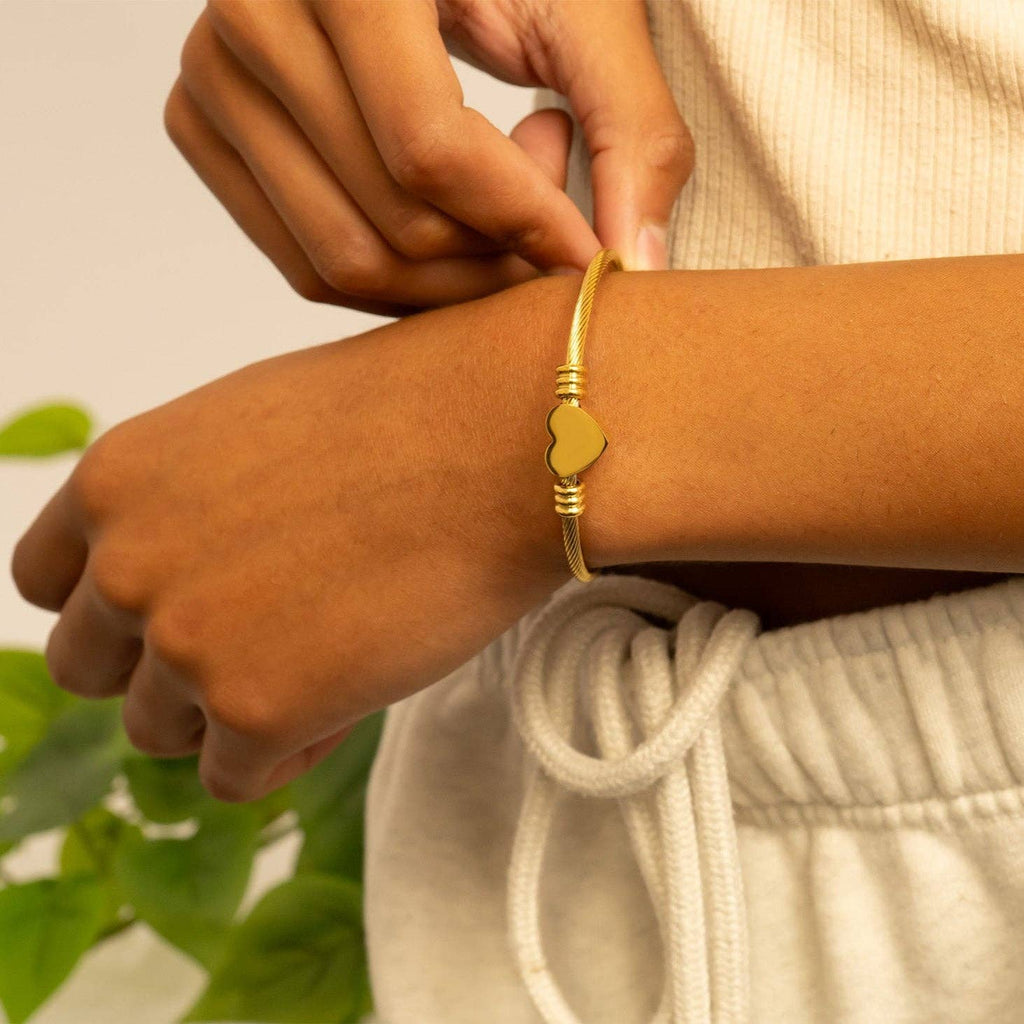 18K Gold PVD Stainless Steel Engravable Heart Cuff Bracelet