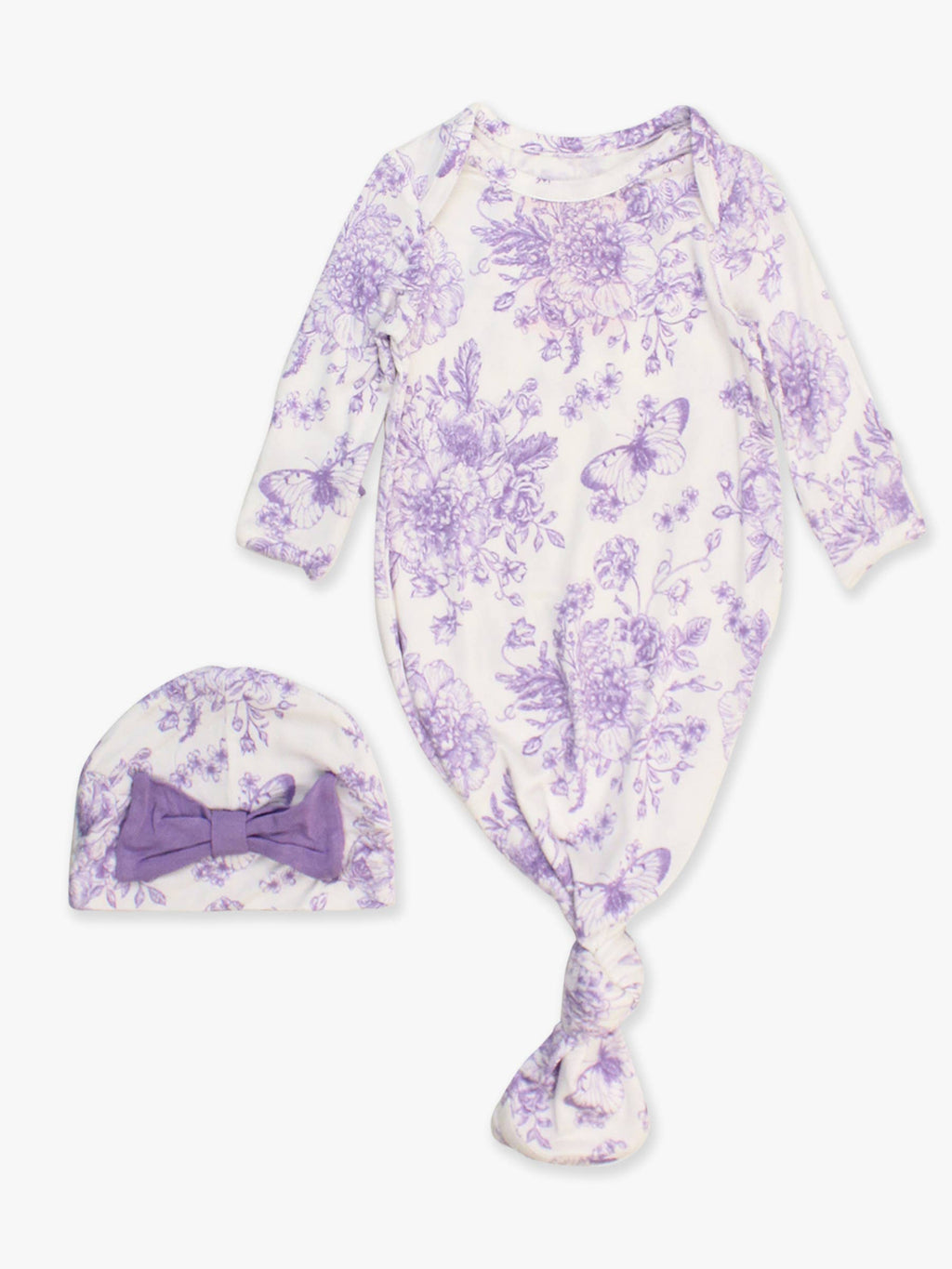 SoftSnooze™ Baby Girls Bamboo Viscose Wisteria Purple Butterfly Garden Toile Ruffle Knotted Sleep Gown & Bow Hat Set