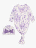 SoftSnooze™ Baby Girls Bamboo Viscose Wisteria Purple Butterfly Garden Toile Ruffle Knotted Sleep Gown & Bow Hat Set