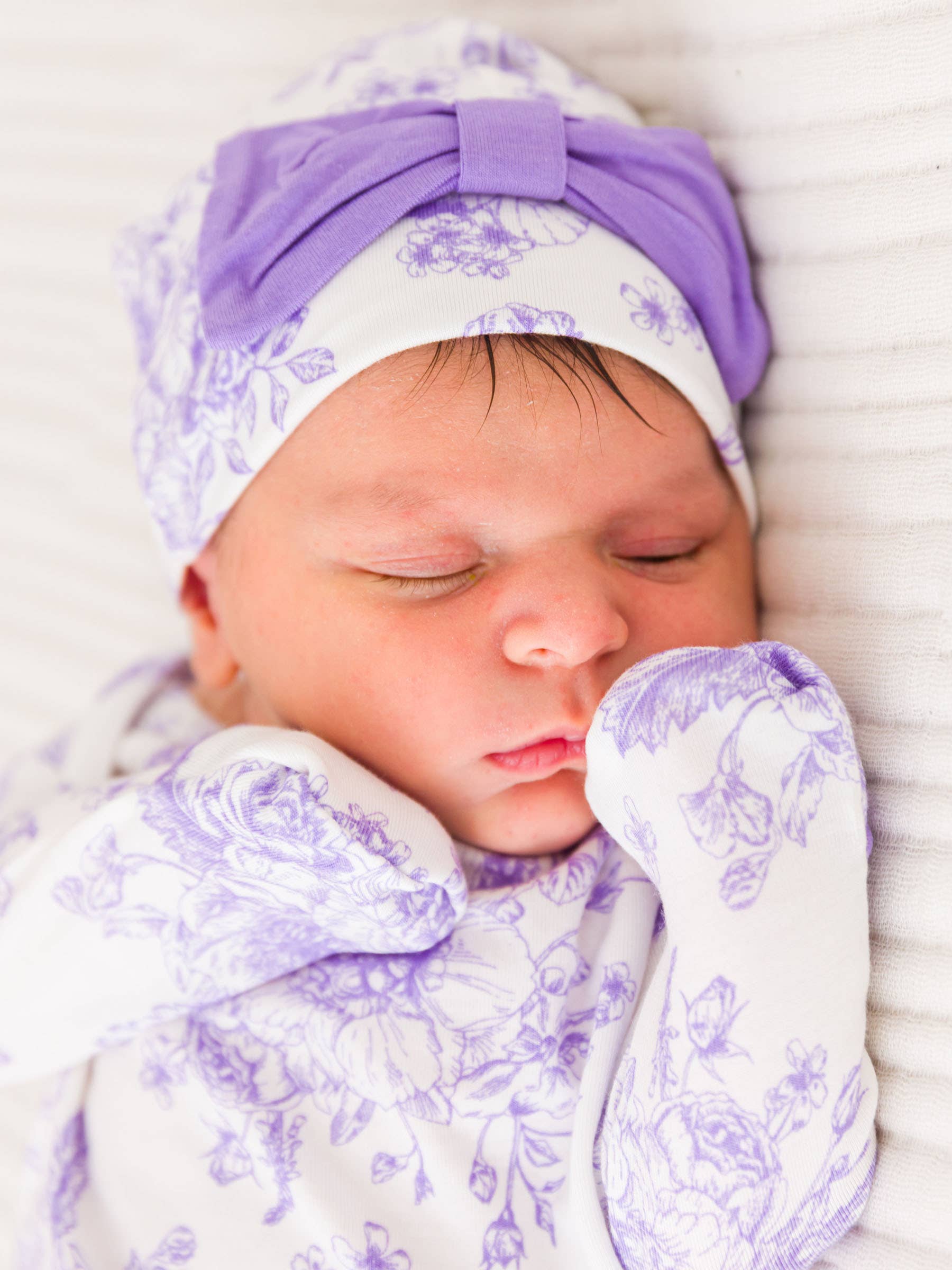 SoftSnooze™ Baby Girls Bamboo Viscose Wisteria Purple Butterfly Garden Toile Ruffle Knotted Sleep Gown & Bow Hat Set