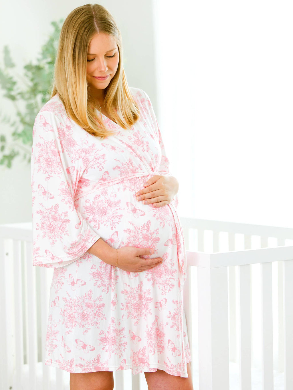 SoftSnooze™ Women's Bamboo Viscose Pink Butterfly Garden Toile Maternity Robe