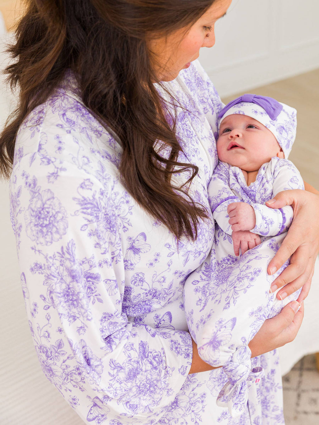 SoftSnooze™ Baby Girls Bamboo Viscose Wisteria Purple Butterfly Garden Toile Ruffle Knotted Sleep Gown & Bow Hat Set
