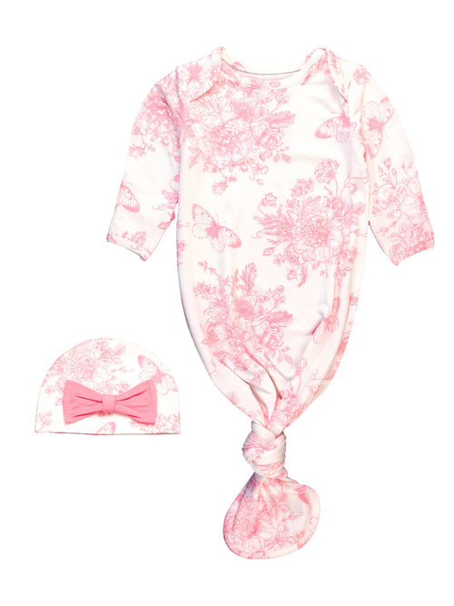 Baby Girls Bamboo Viscose Pink Butterfly Garden Toile Ruffle Knotted Sleep Gown & Bow Hat Set