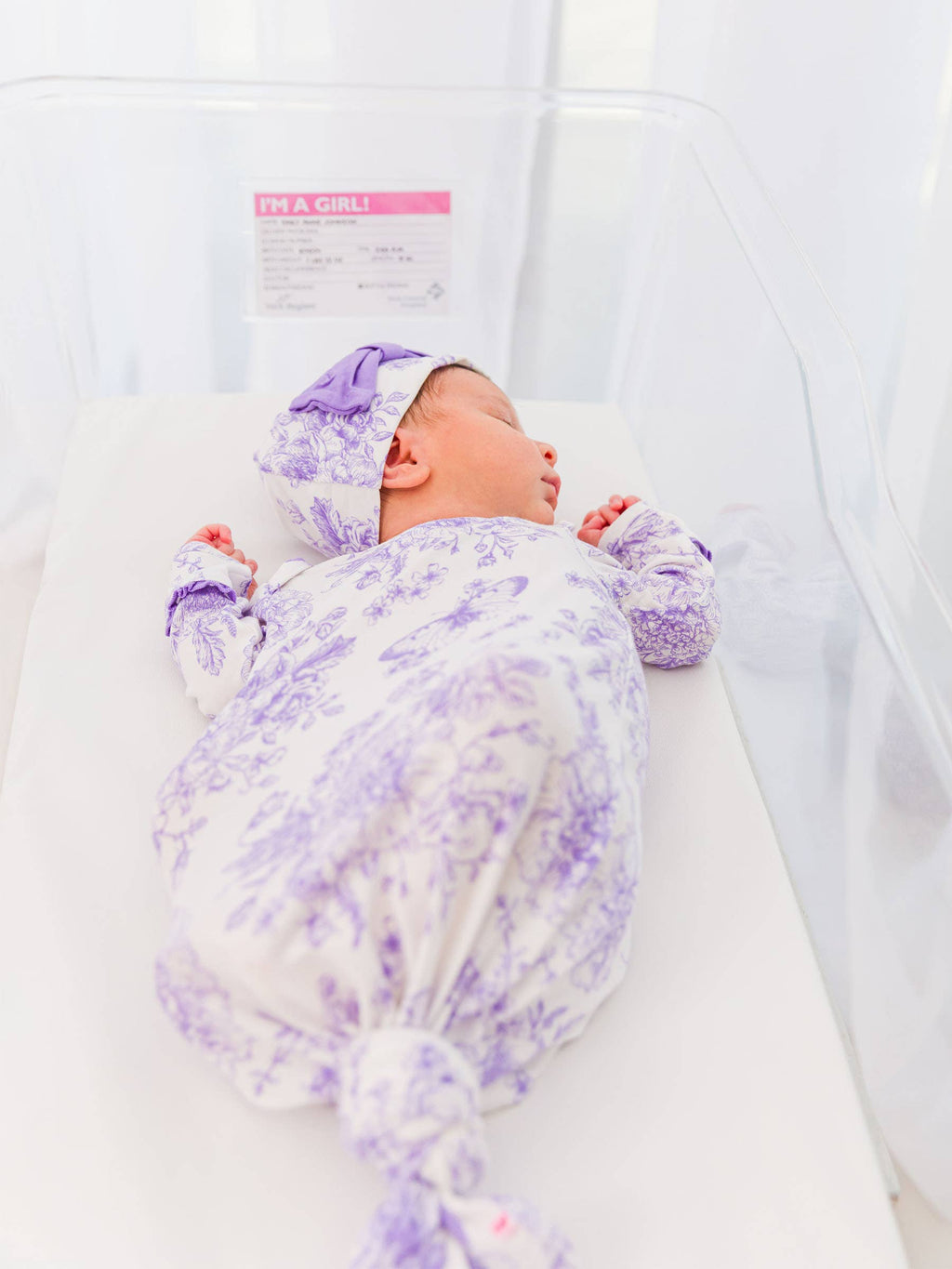 SoftSnooze™ Baby Girls Bamboo Viscose Wisteria Purple Butterfly Garden Toile Ruffle Knotted Sleep Gown & Bow Hat Set