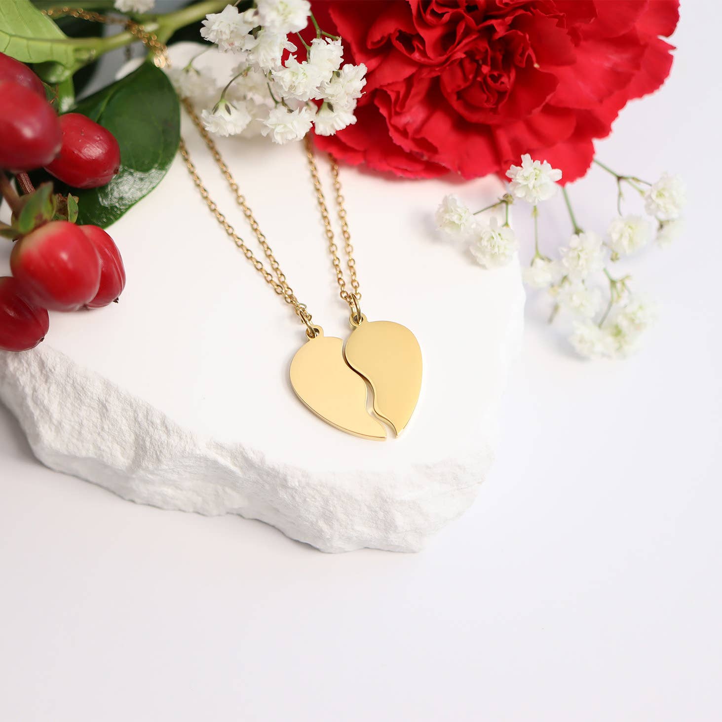 Engravable Break Apart Heart Necklace Set